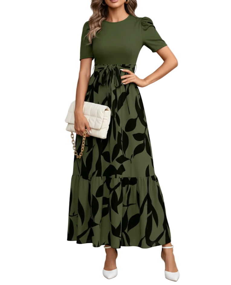 Trendy & Elegant O-neck Short Sleeve Long Skirt Dress for Women- DRESS-B114