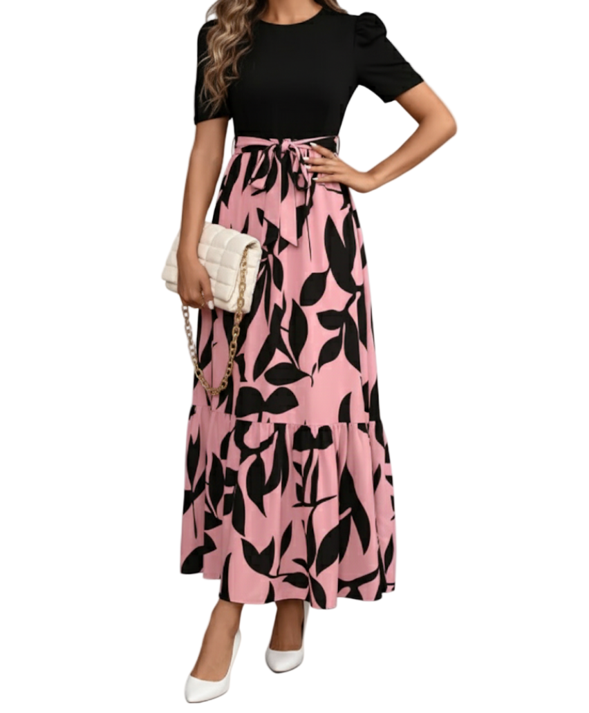 Trendy & Elegant O-neck Short Sleeve Long Skirt Dress for Women- DRESS-B114