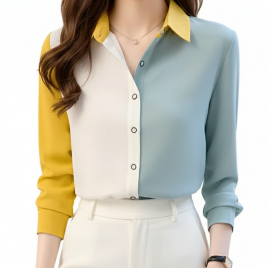 Trendy & Elegant Two-Tone Chiffon Long Sleeve V-neck Collar Shirt for Women – BL21