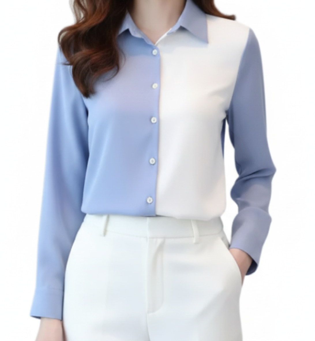 Trendy & Elegant Two-Tone Chiffon Long Sleeve V-neck Collar Shirt for Women – BL21