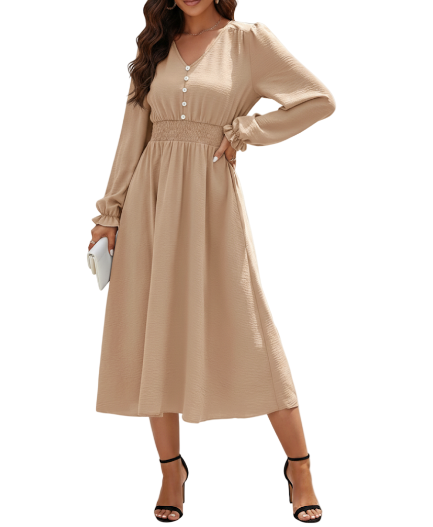 Trendy & Elegant V-neck Long Sleeve DRESS-B104