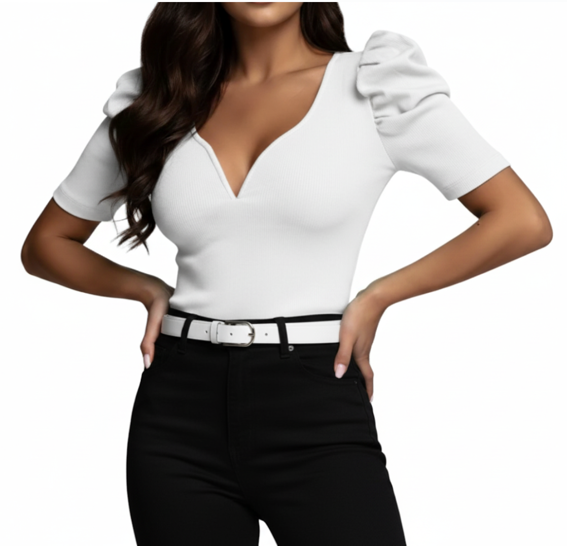 Trendy & Timeless Bubble Sleeve Solid Color V-neck Shirt for Women – BL12