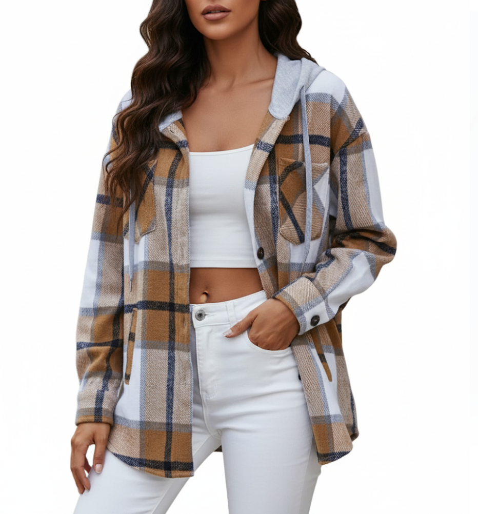 Trendy & Timeless Checked Print Hooded Women's Shirt - TOP-B1-BL-271
