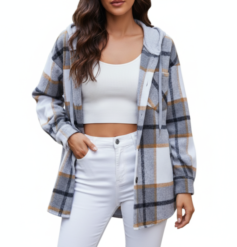 Trendy & Timeless Checked Print Hooded Women's Shirt - TOP-B1-BL-271