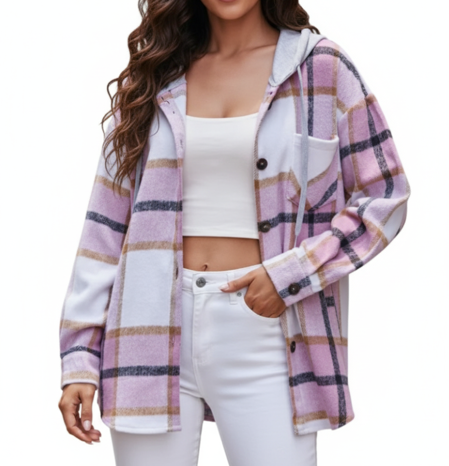 Trendy & Timeless Checked Print Hooded Women's Shirt - TOP-B1-BL-271