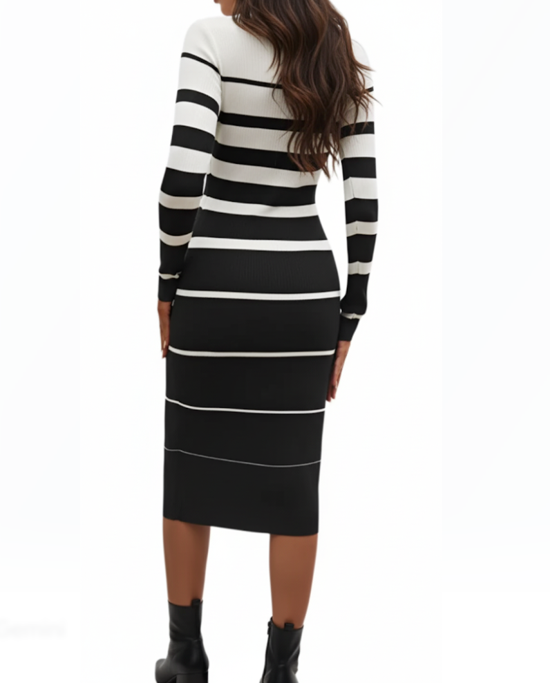 Trendy & Timeless Knitted Striped O-neck Full Sleeves Dress for Women – DRESS-B106