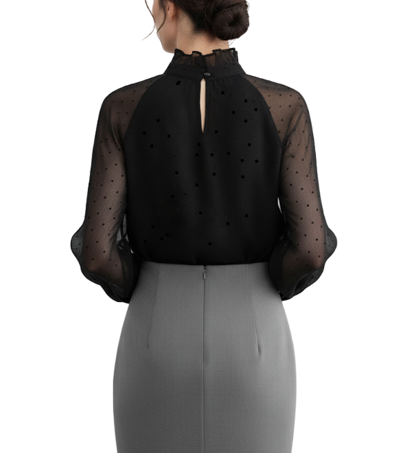 Trendy & Timeless Long Sleeve Stand Collar Black Polka Dots Mesh Chiffon Blouses - SM8-TOP-54