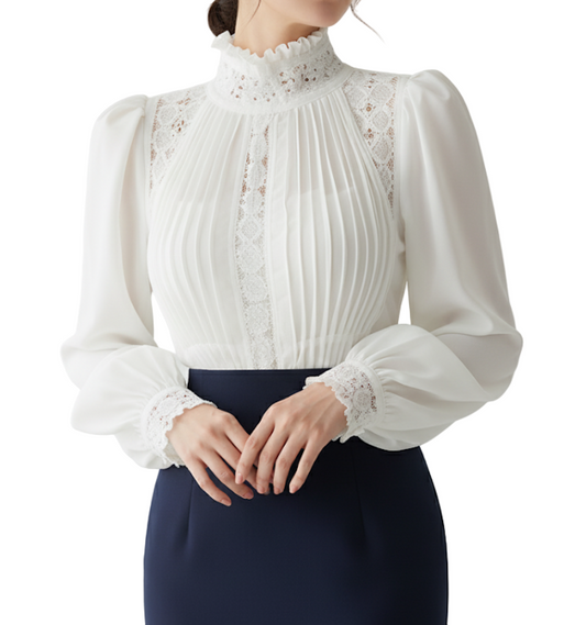 Trendy & Timeless Stand Collar Commute Ruched Patchwork Lace Hollow Out Long Sleeve Shirt - SM8-TOP-51