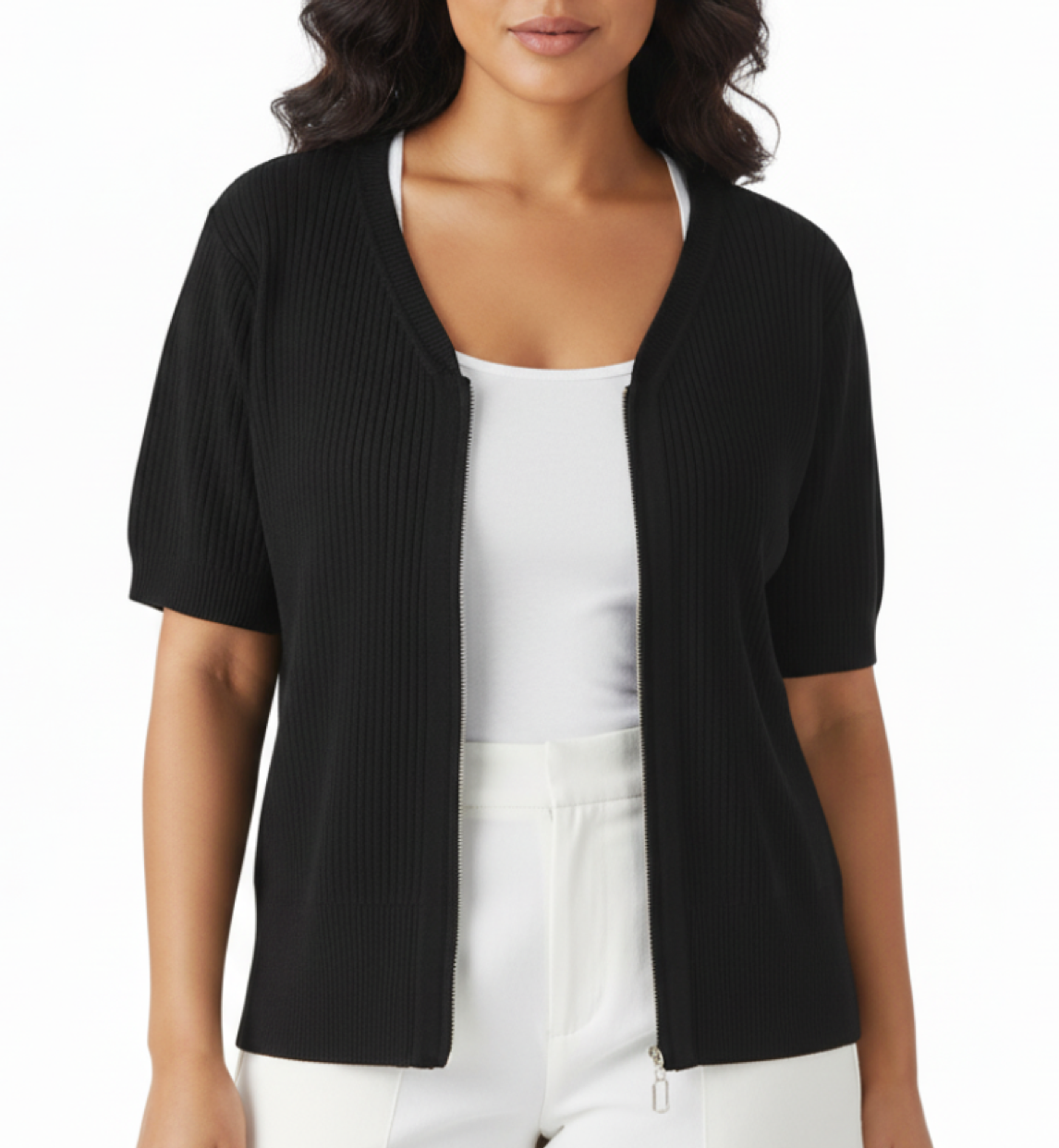 Trendy Double Zipper Short Sleeve Thin Ice Silk Women's Top Blouse - B6-TOP-B611