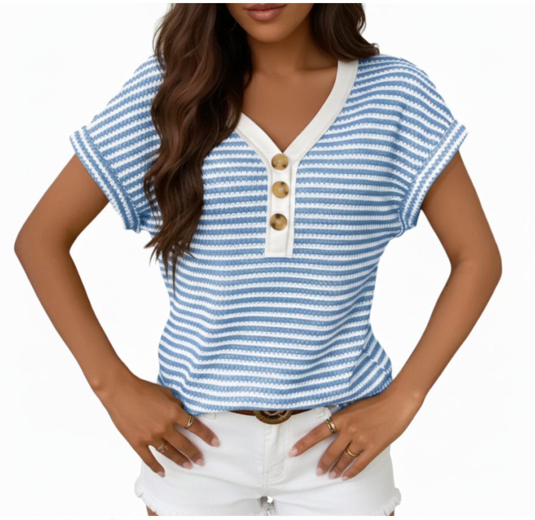 Trendy & Timeless V-neck Button Striped Top for Women - TOP-B1-BL-130
