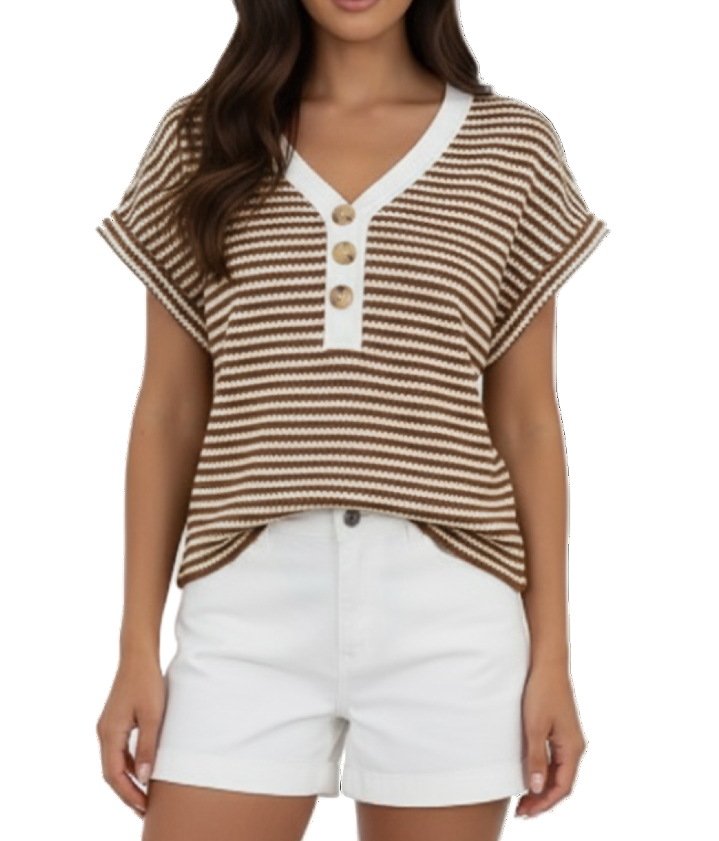 Trendy & Timeless V-neck Button Striped Top for Women - TOP-B1-BL-130