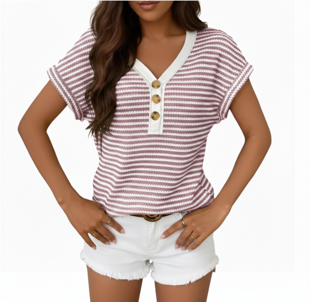 Trendy & Timeless V-neck Button Striped Top for Women - TOP-B1-BL-130