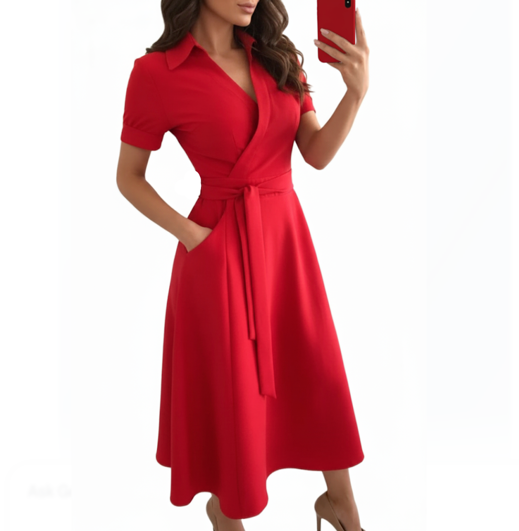 Trendy & Timeless V-neck Slim-Waist Belt A-line Dress for Women- DRESS-B02