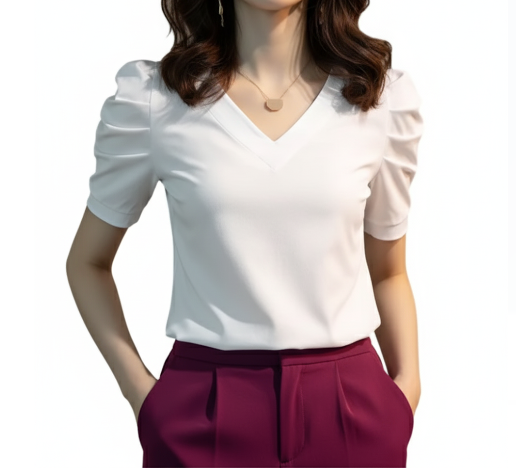 Women' Cotton Pleated Puff Sleeve V-neck SHIRT-BL106
