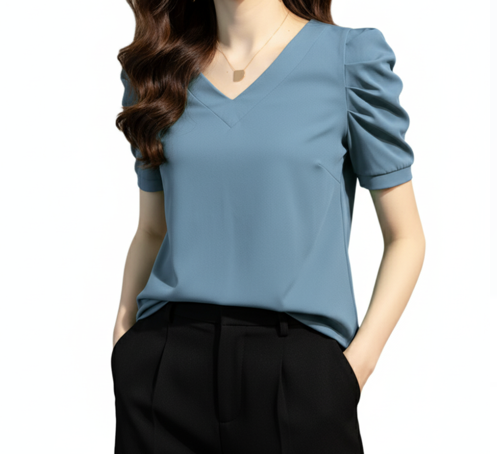 Women' Cotton Pleated Puff Sleeve V-neck SHIRT-BL106