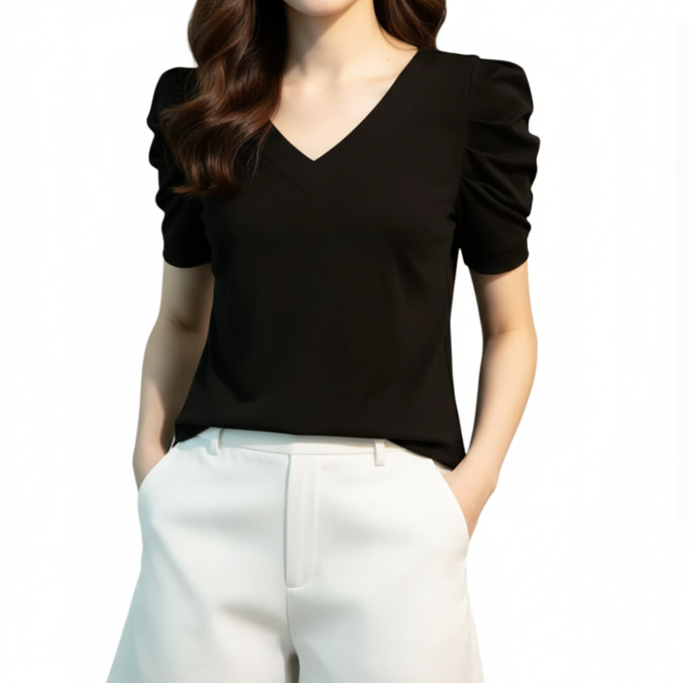 Women' Cotton Pleated Puff Sleeve V-neck SHIRT-BL106
