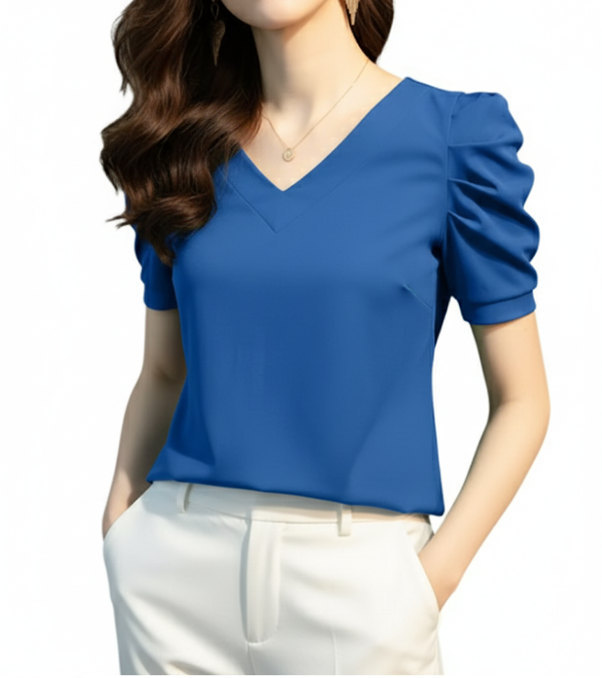 Women' Cotton Pleated Puff Sleeve V-neck SHIRT-BL106