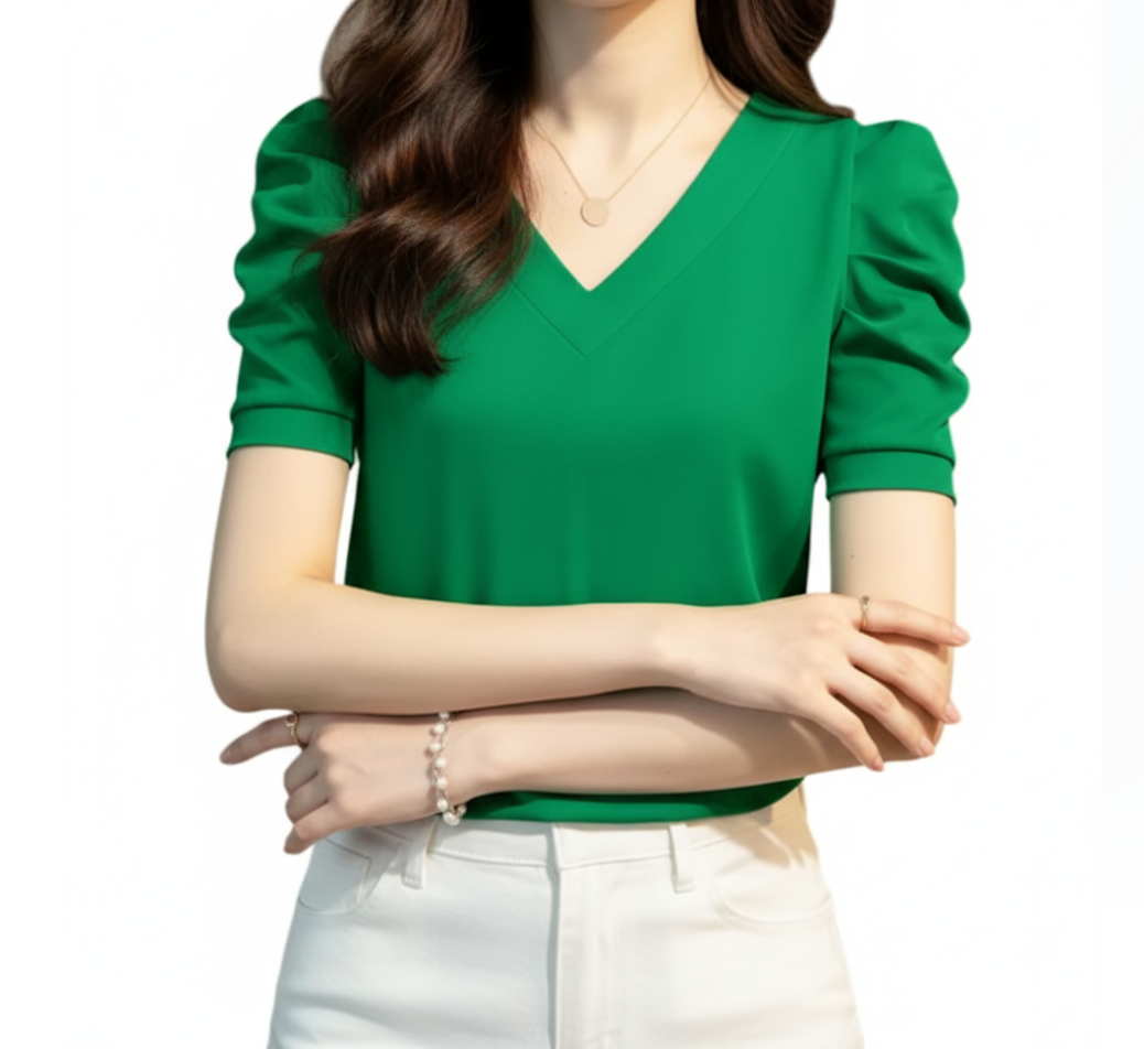 Women' Cotton Pleated Puff Sleeve V-neck SHIRT-BL106