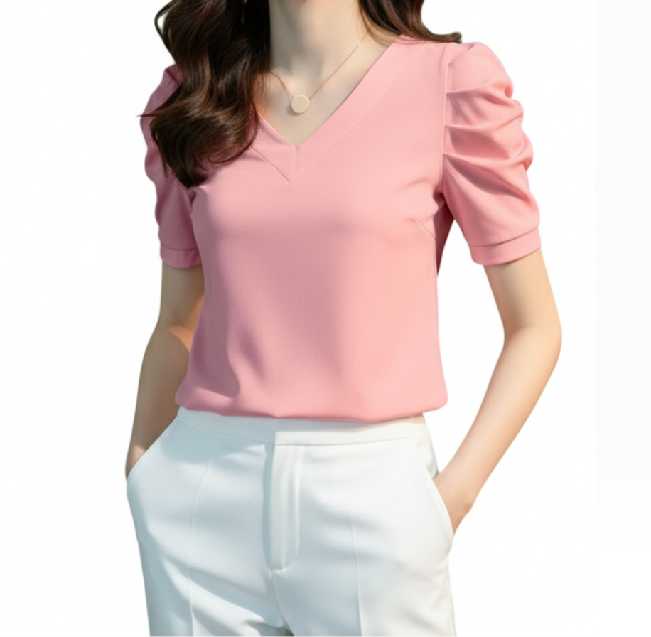 Women' Cotton Pleated Puff Sleeve V-neck SHIRT-BL106