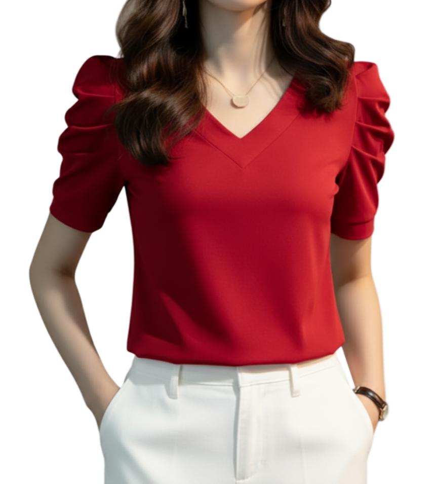 Women' Cotton Pleated Puff Sleeve V-neck SHIRT-BL106
