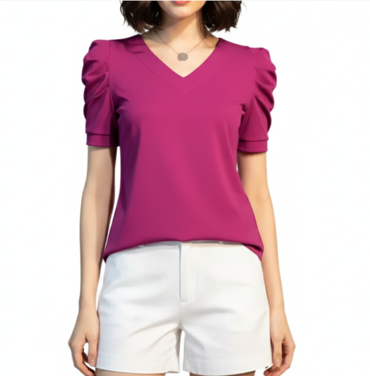 Women' Cotton Pleated Puff Sleeve V-neck SHIRT-BL106