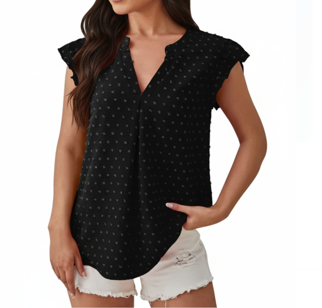 Women's Classy V-neck Woven Short Sleeve Top SHIRT-BL123