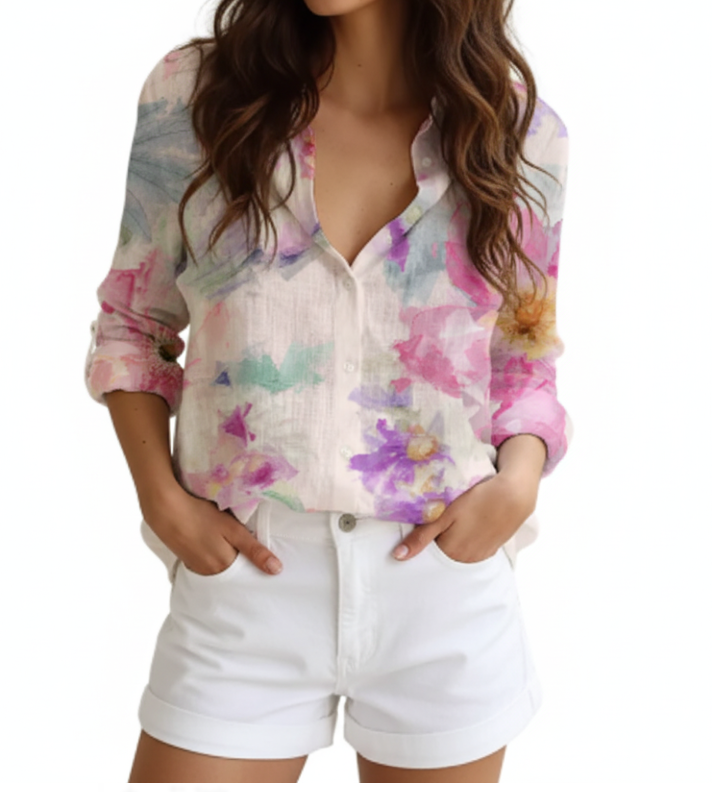 Women's Cotton Turn-down Collar Button Floral Print SHIRT-BL119A