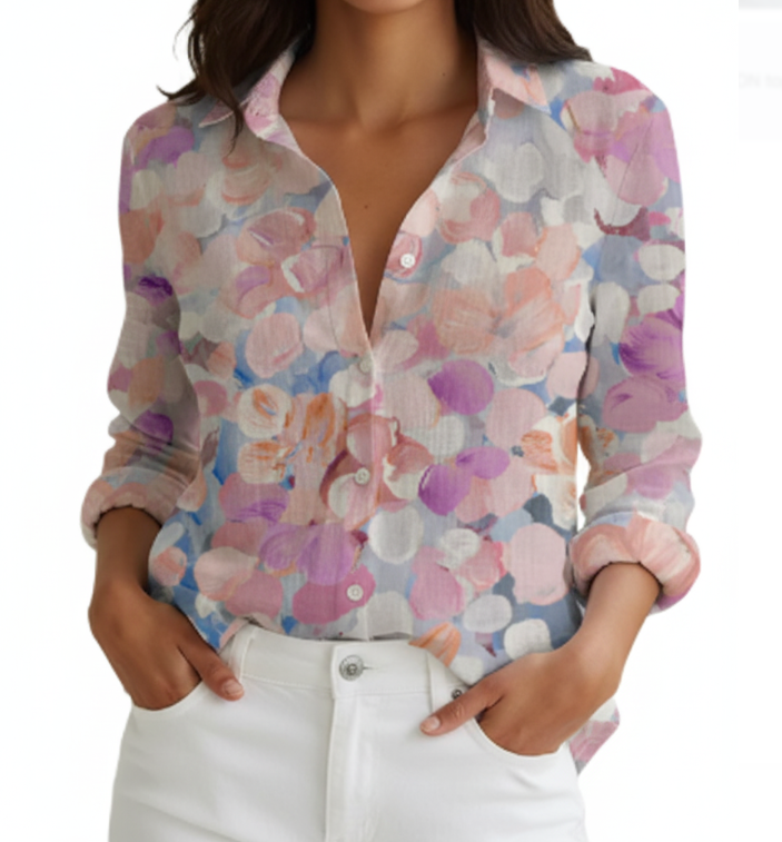 Women's Cotton Turn-down Collar Button Floral Print SHIRT-BL119