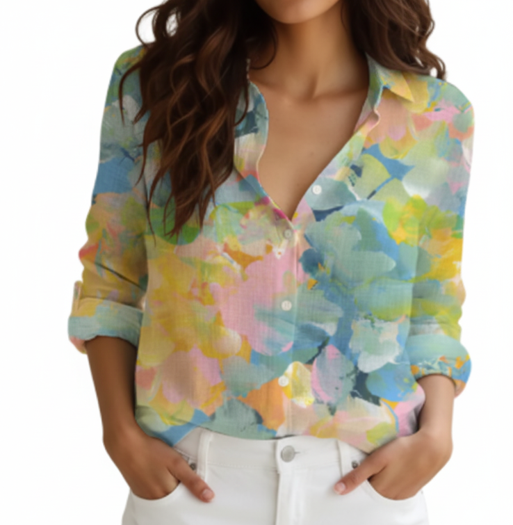 Women's Cotton Turn-down Collar Button Floral Print SHIRT-BL119