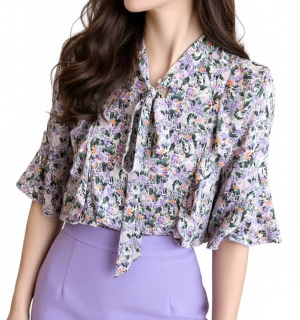 Women’s Floral Printed Blouse with Flare Half Sleeve Bow Collar – BL57