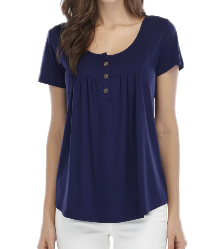 Women's High Quality Draw Pleat Button Short Sleeve Top SHIRT-BL139