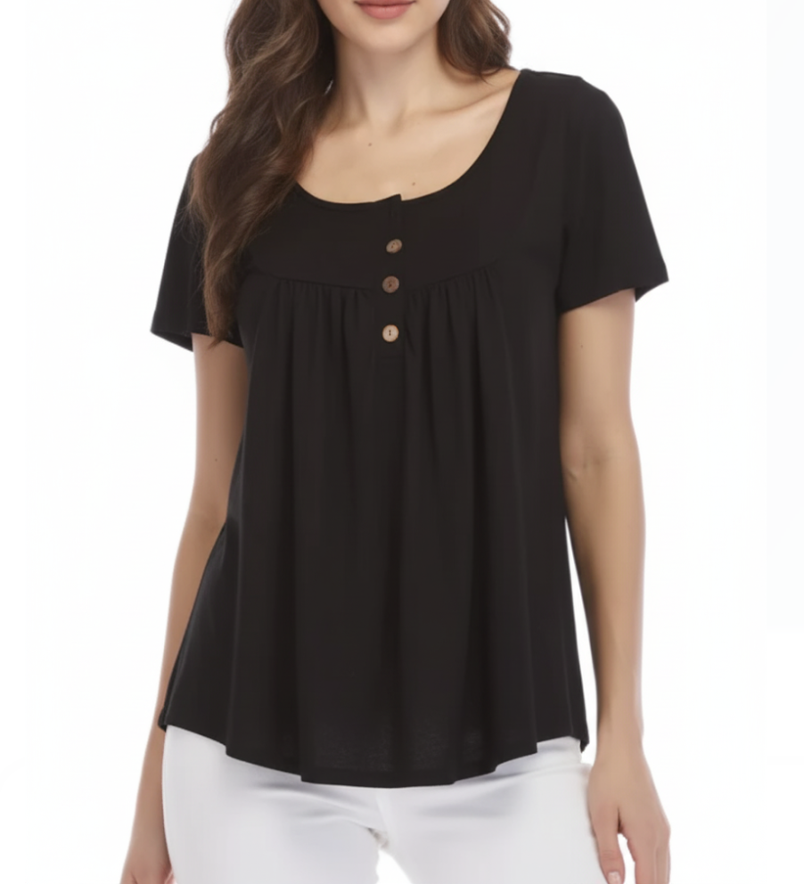 Women's High Quality Draw Pleat Button Short Sleeve Top SHIRT-BL139