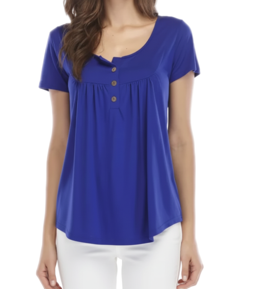 Women's High Quality Draw Pleat Button Short Sleeve Top SHIRT-BL139