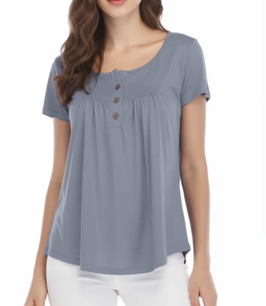 Women's High Quality Draw Pleat Button Short Sleeve Top SHIRT-BL139