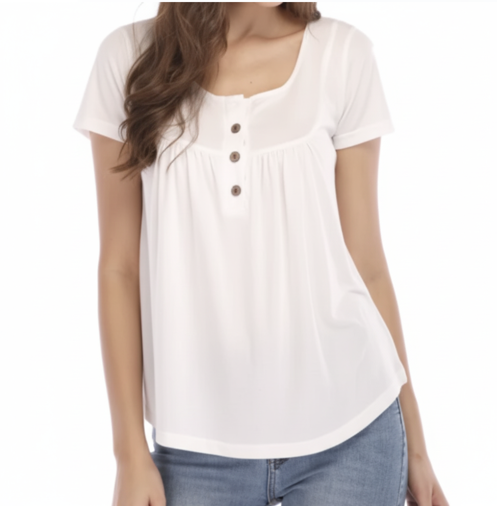 Women's High Quality Draw Pleat Button Short Sleeve Top SHIRT-BL139