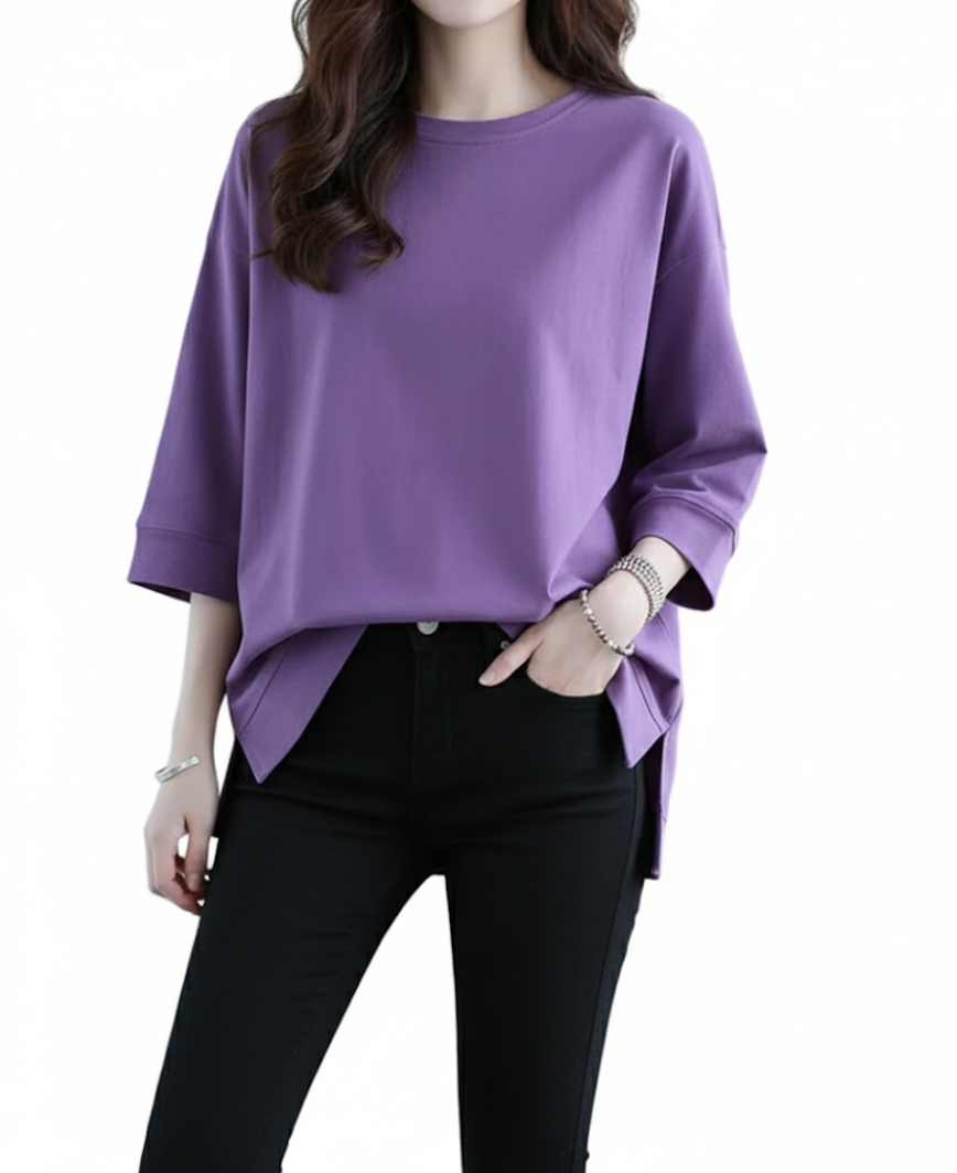 Women’s High Quality O Neck 100% Pure Cotton Loose Fit Top SHIRT-BL110