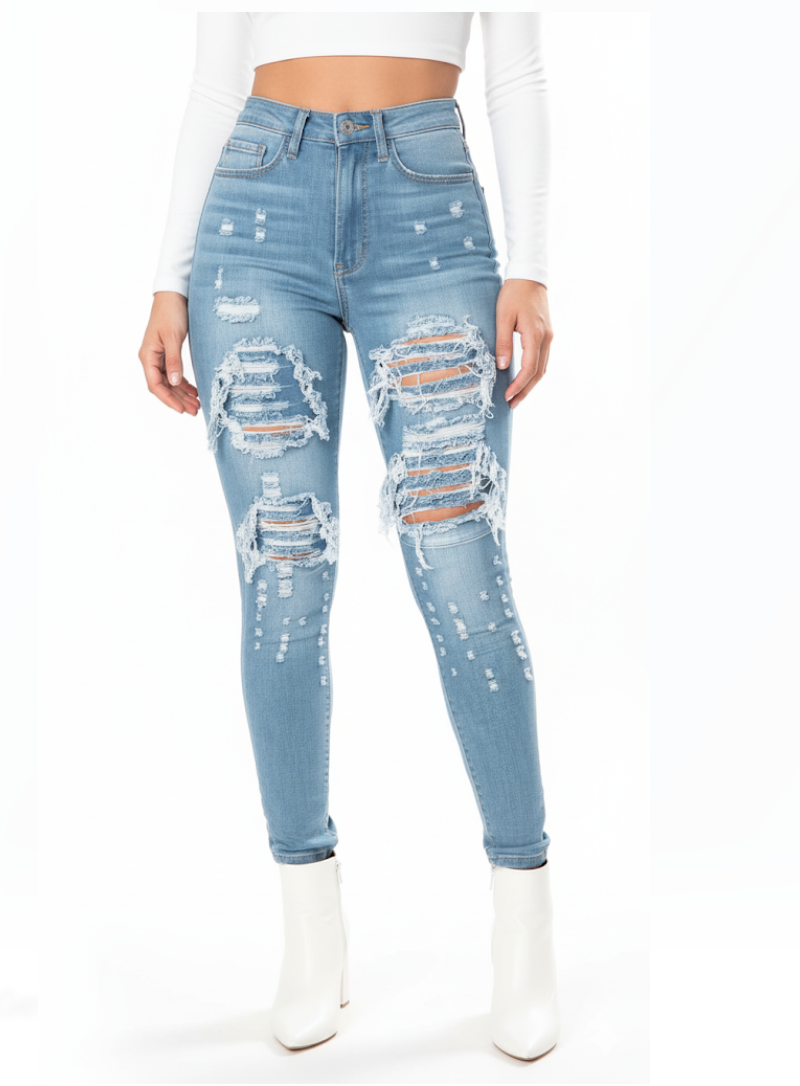 Women’s Skinny Ripped Distressed Mid Waist JEANS-JP-23
