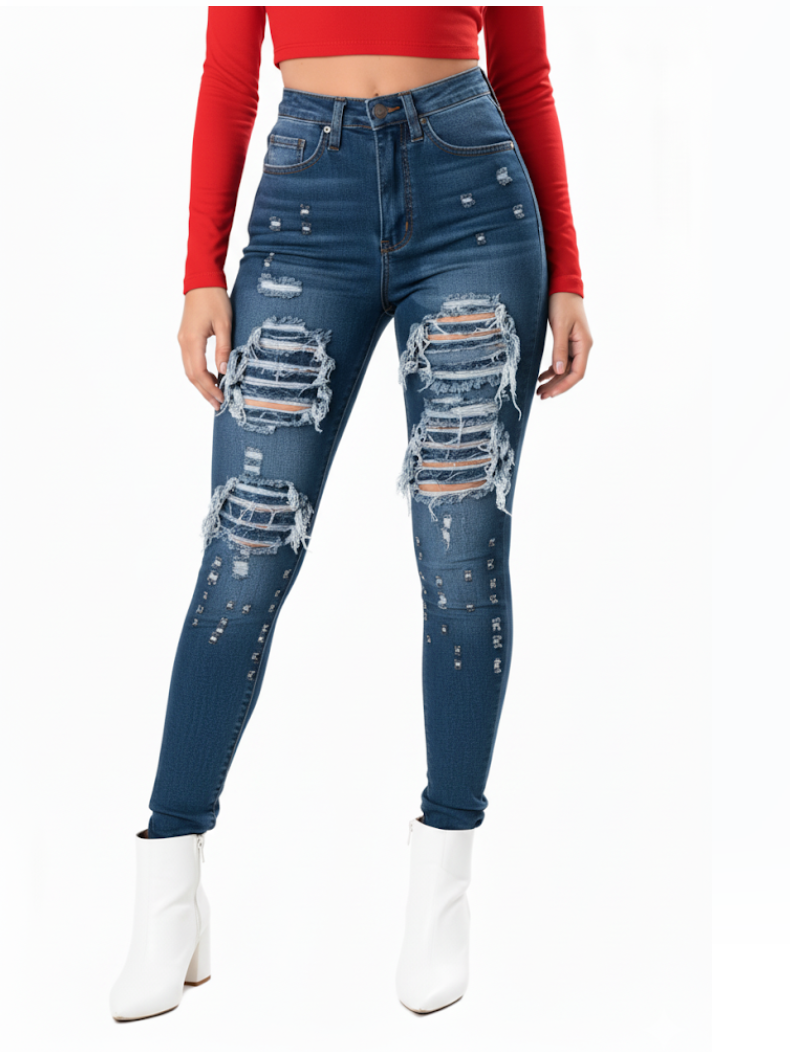 Women’s Skinny Ripped Distressed Mid Waist JEANS-JP-23