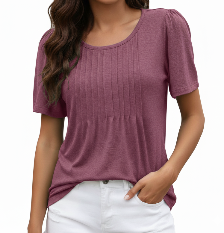 Women's Summer Round Neck Pleated Front Breathable Top SHIRT-BL112