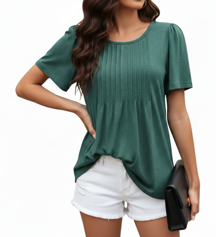 Women's Summer Round Neck Pleated Front Breathable Top SHIRT-BL112