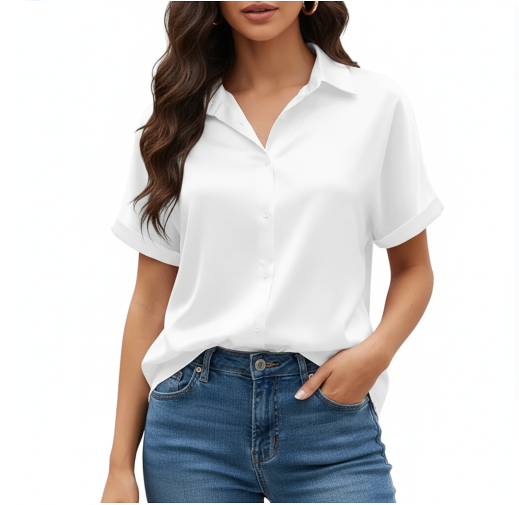 Women’s Trendy & Timeless Satin Short Sleeve V-neck Button-up SHIRT-BL105