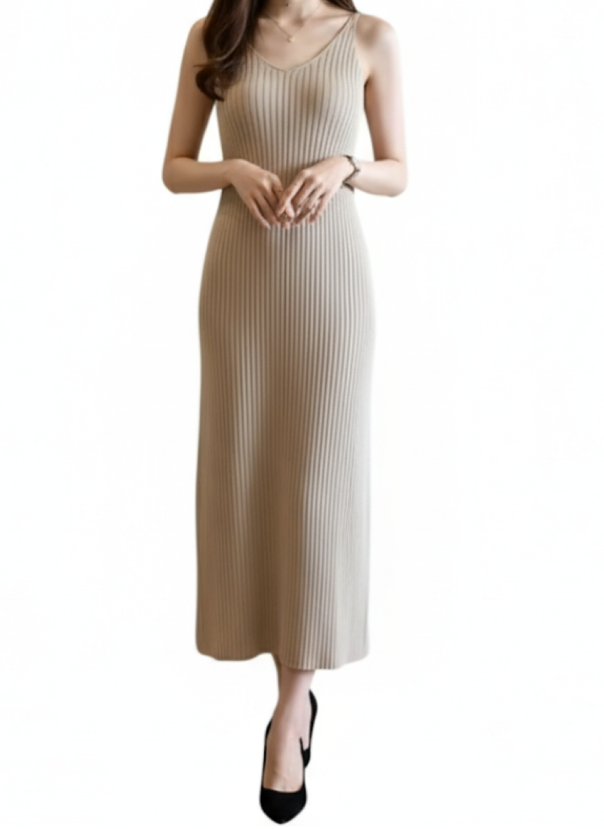 Elegant Knitted V-neck Sleeveless Dress for Women – DRESS-B55