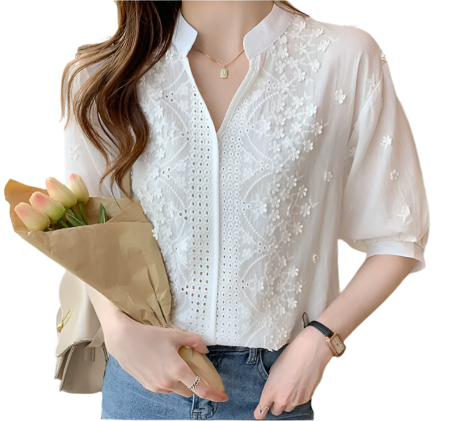 Classy Embroidered V-neck with Half Bubble Sleeve Top for Women – BL22