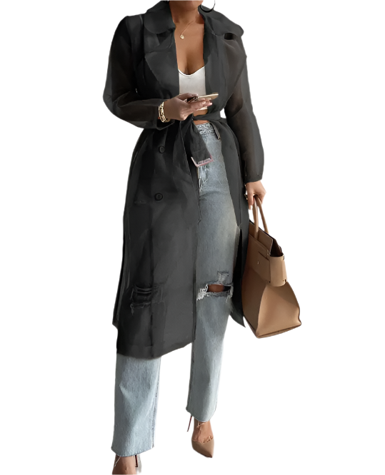 Women’s Stylist Transparent Puff Sleeve V-neck Waist Belt Cardigan Shirts Coat - BL33