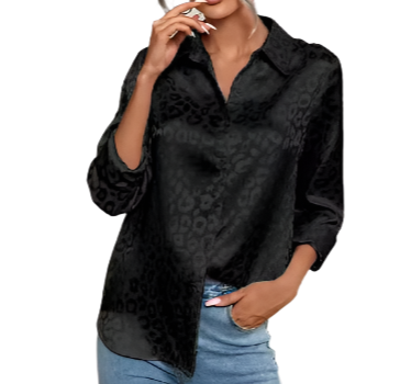 Silk Self-Leopard-Print- Collar Shirt with Long Sleeve – BL43