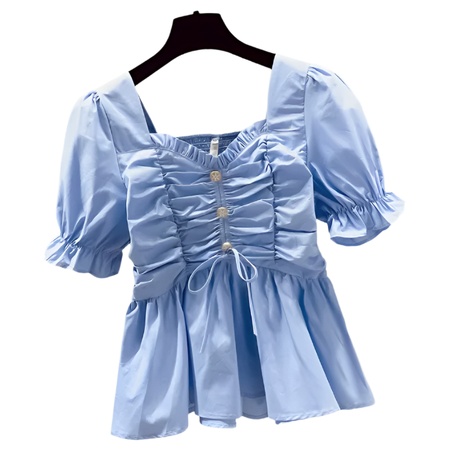 Square Neck-line Pleated front and Short Sleeve with Back Elastic Top for Women- BL51