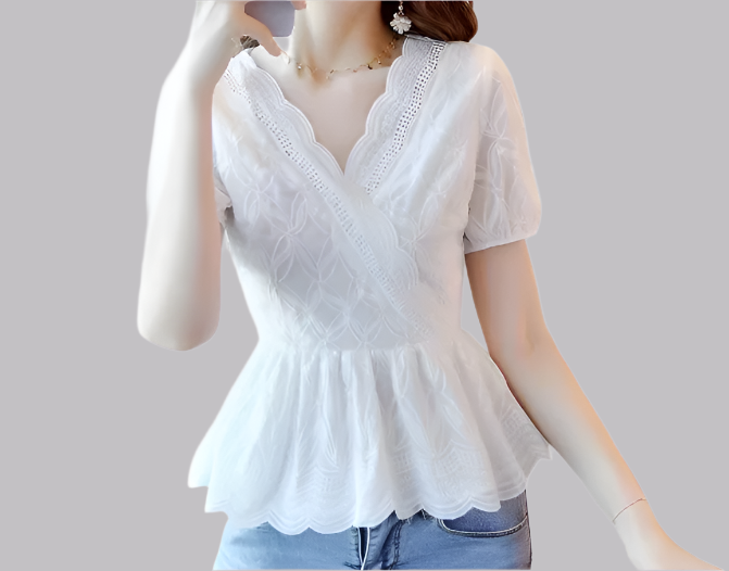 Elegant Embroidered V-neck Women’s Cotton Top with Short Sleeve – BL36