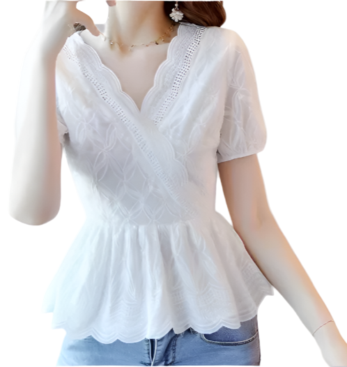 Elegant Embroidered V-neck Women’s Cotton Top with Short Sleeve – BL36