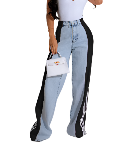 Women’s Trendy Comfortable High Waist Straight Side Striped JEANS-JP-05