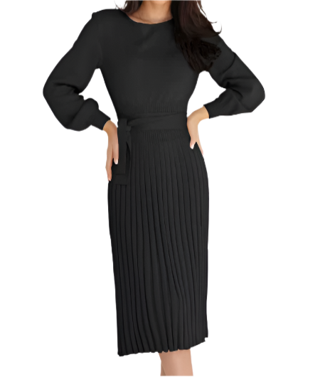Trendy & Timeless Pleated Knitted Long Sleeve O-neck knee length Dress for Women – Dress B61